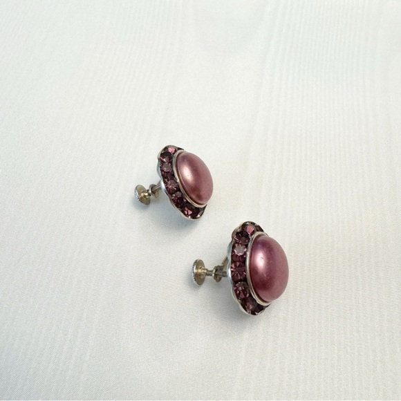 Vintage Plastic Cabochon Rhinestone Earrings Silver Tone Screw Back - Picture 6 of 11